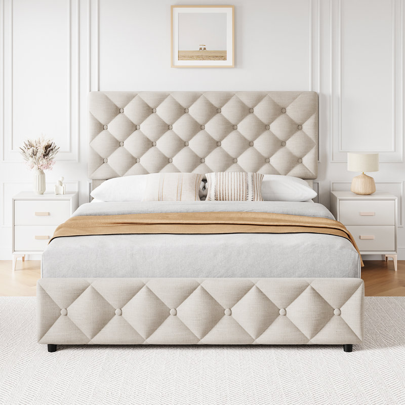 Faux Leather Platform Bed with 4 Storage Drawers, Adjustable Headboard, Diamond Tufted, White, Full/Queen/King Size, Full 