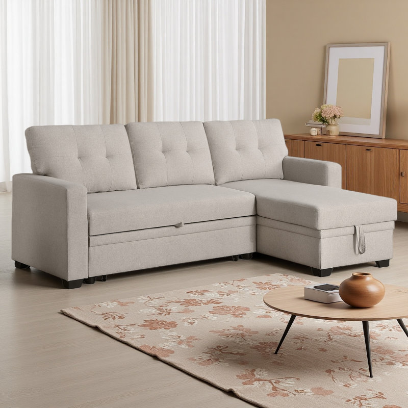 Canapé modulaire convertible rembourré avec méridienne coulissante, Lin beige