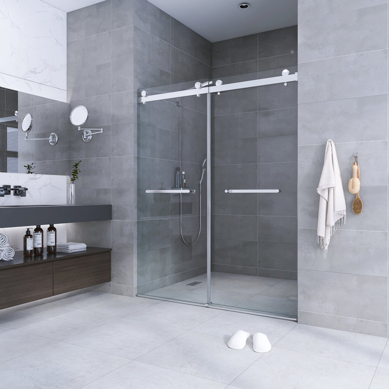 56"-60" W X 75" H Modern Frameless Double Sliding Shower Door, 8 Mm Tempered Glass, Chrome