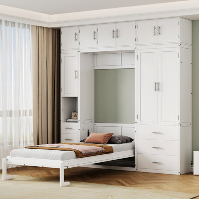 Hajriz Bed with Lockers and Wardrobes, With installation video, White