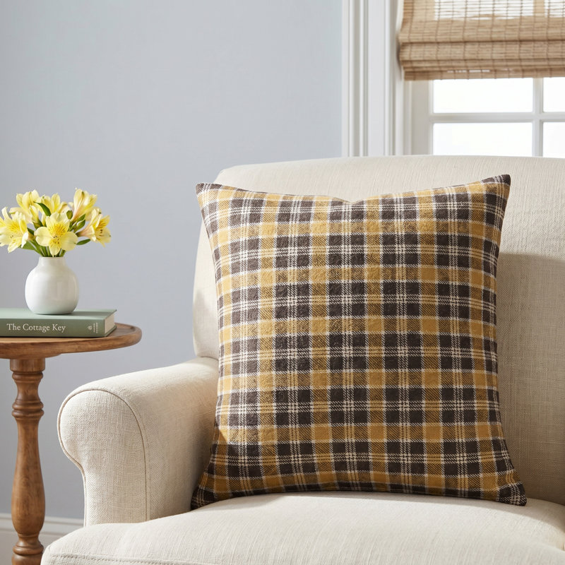 Waltman Plaid Reversible Throw Pillow, 18" x 18", Down