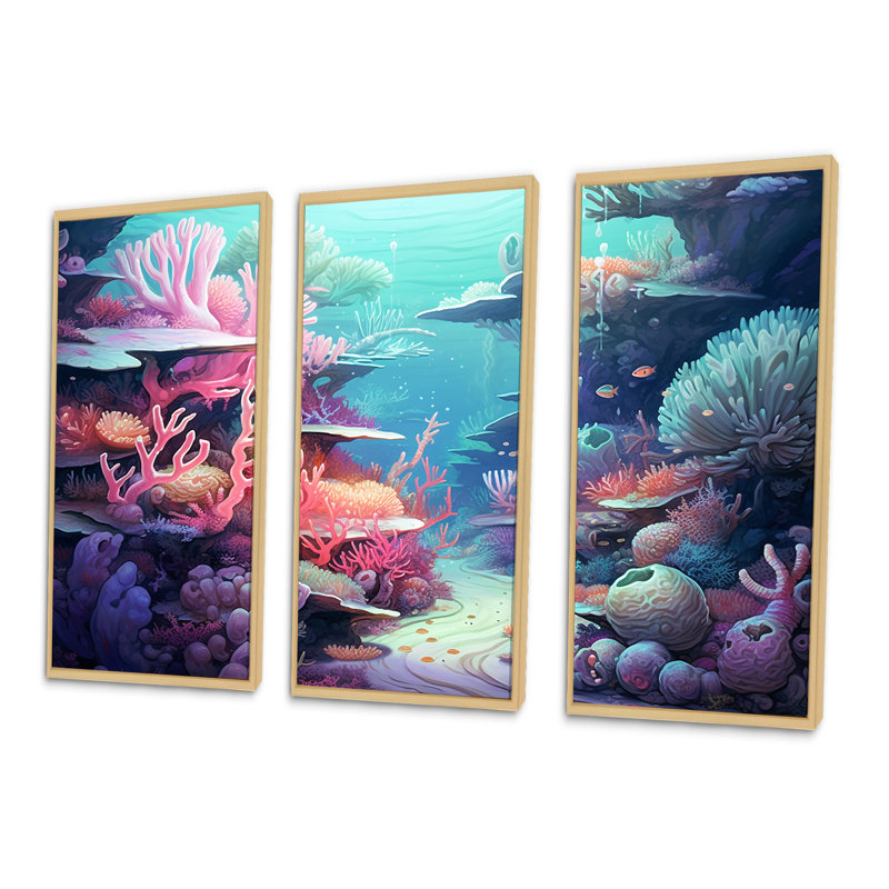 Ensemble de décorations murales turquoise et rose sous l'eau, Cadre naturel flottant, H 40 po x l 60 po x P 1 po