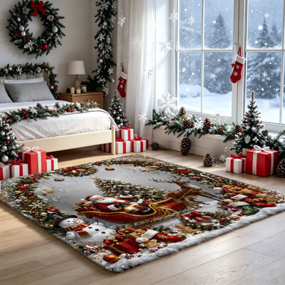 Christmas Area Rug, Santa Claus Sleigh Snowman Tree Design, Festive Holiday Decor, Living Room Rugs, Bedroom, Indoor Floor Mat, Home , Decorations