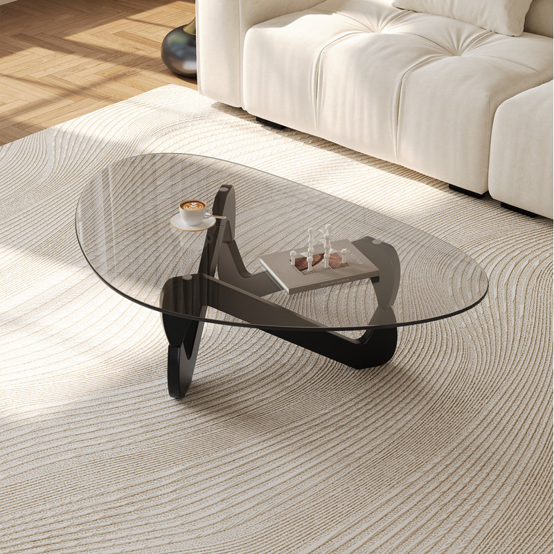 Table basse moderne triangulaire avec base en bois massif Table basse Mid-Century abstraite en verre pour le salon
