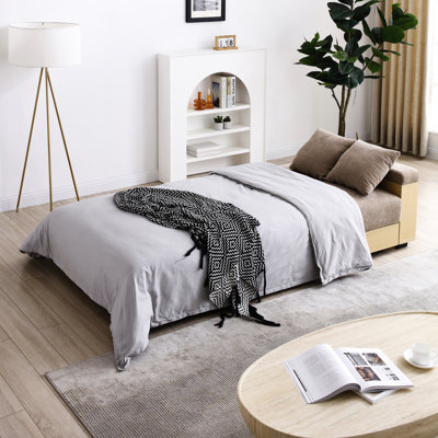 Multifunctional Convertible Sleeper Bed, Cotton Linen Upholstered Couch With Storage , Drop Down Table And 2 Cup Holders, High Density Foam Filler, So