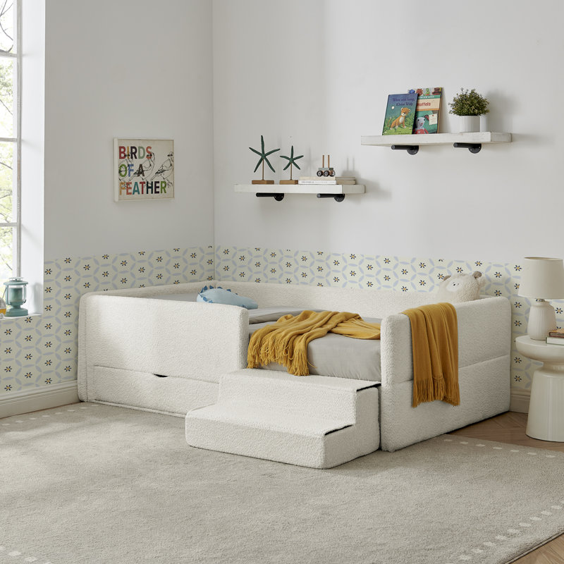 Twin Size Safe Cozy Multi-Functional Kids Bed With Guardrails And Storage, Bed With Safety Step Stool, Boucle Fabric, Beige