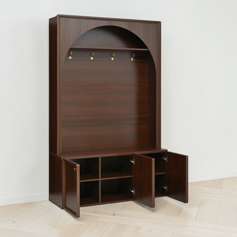Hall Tree With Storage Bench, Coat Hook Storage, Arched Design, Contemporary, Entryway Organization, Walnut