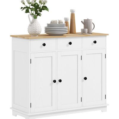 Buffet avec plateau en bois massif - Meuble de rangement moderne pour la cuisine, 3 tiroirs, portes, étagère réglable, tablette de cuisine blanche vieillie
