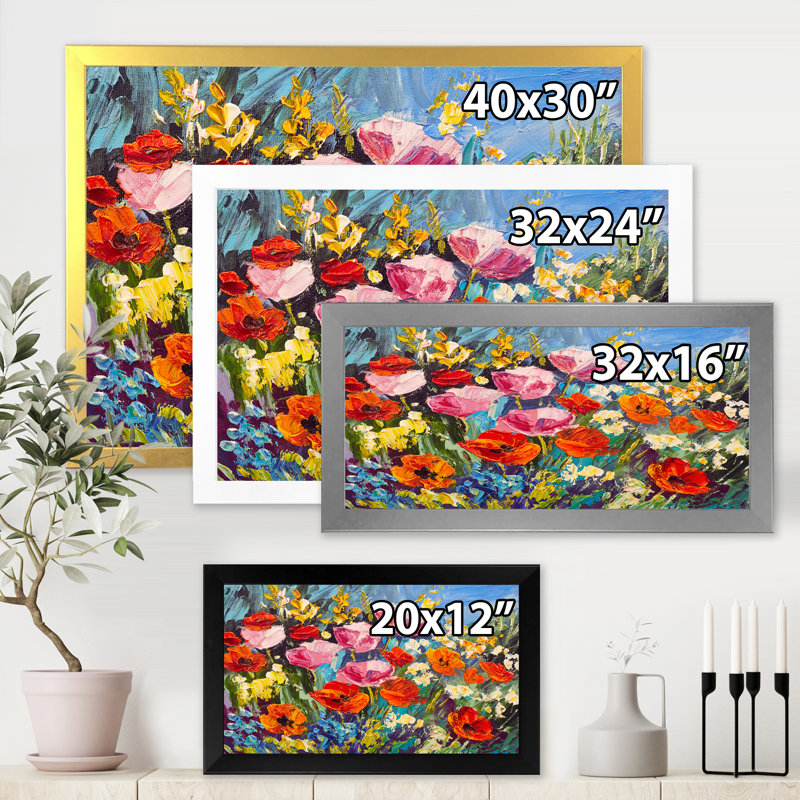 Fleurs printanières colorées - peinture sur toile, H 30 po x l 40 po x 1,5 po, Cadre photo noir