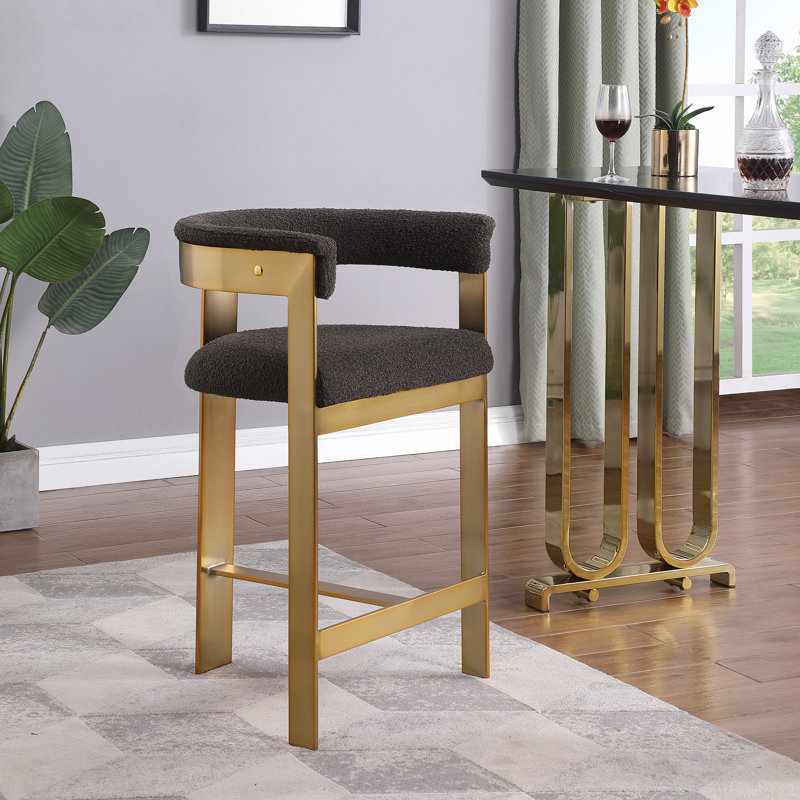 Romeo 26'' Counter Stool, Brown Boucle Fabric, Brushed Gold