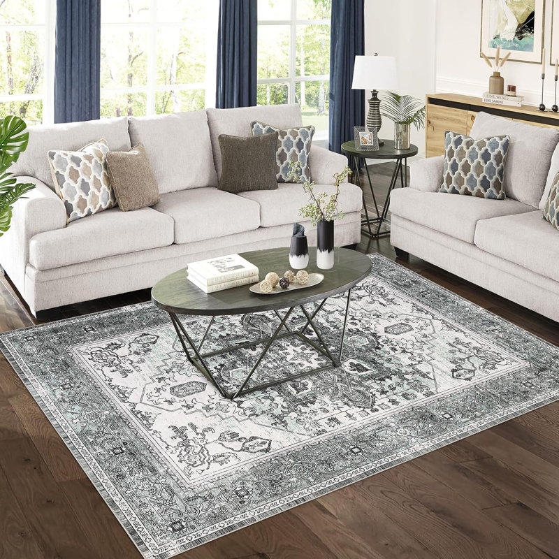 6X9 Washable Area Rug with Non-Slip Backing, Low-Pile Vintage Large Rug for Living Room Dining Room Bedroom, Low-Profile Indoor Carpet in Grey