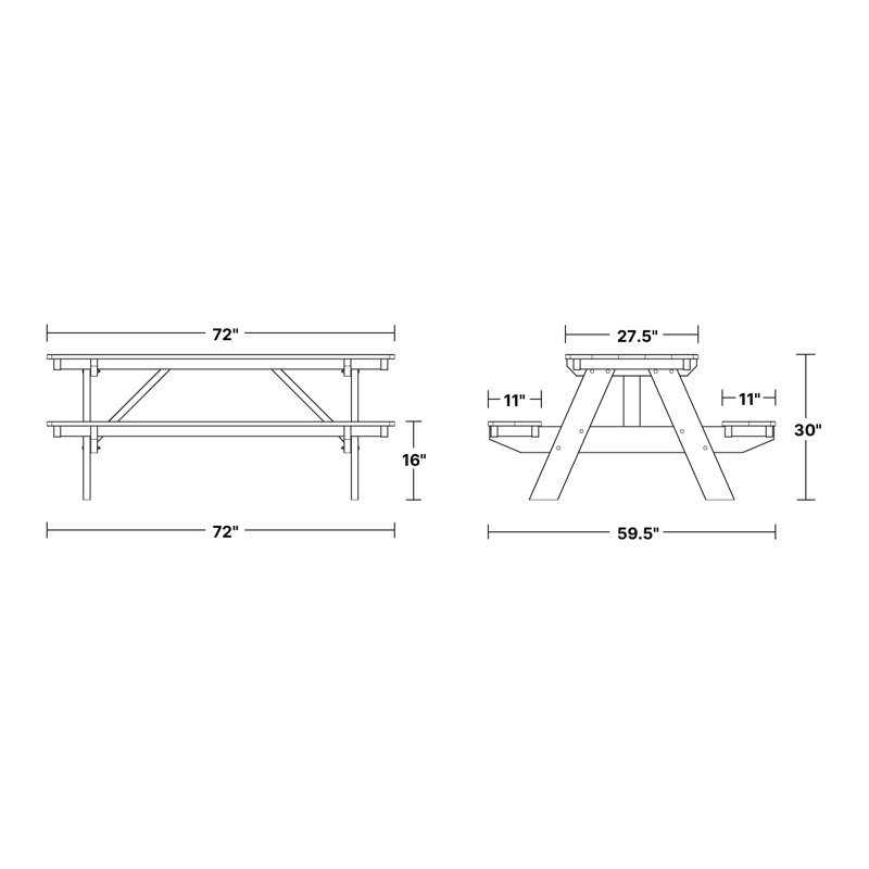 Heritage 72" Picnic Table with Attached Benches, Light Gray/Black