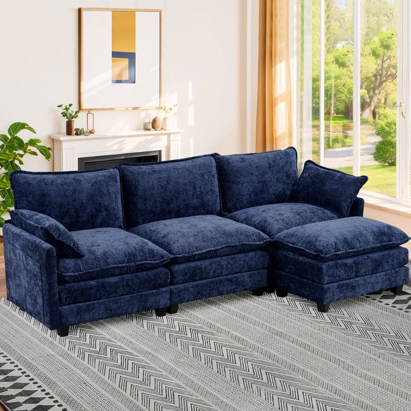 Canapé modulaire rembourré à siège en forme de L de 113 po Carbry, Chenille bleu