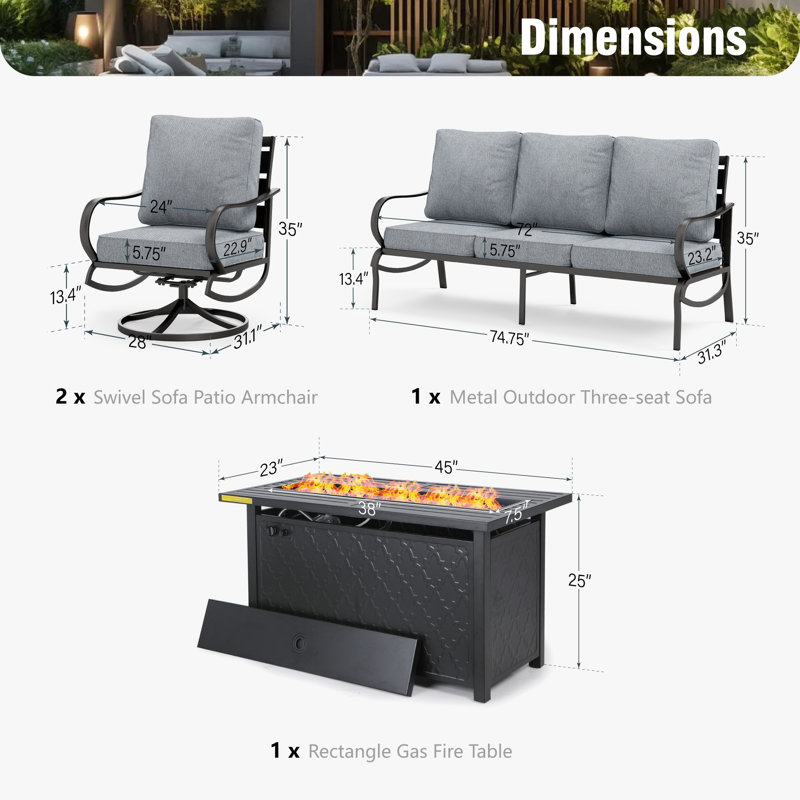 Tapasi 5 - Person Patio Conversation Set with Swivel Lounge Chairs &  Firepit Table, Gray