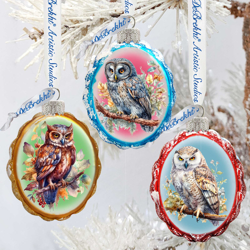 Handcrafted Mercury Glass Owl Ornaments Set of 3