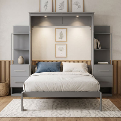 Murphy Bed Wall Bed with Shelves, Drawers and LED Lights