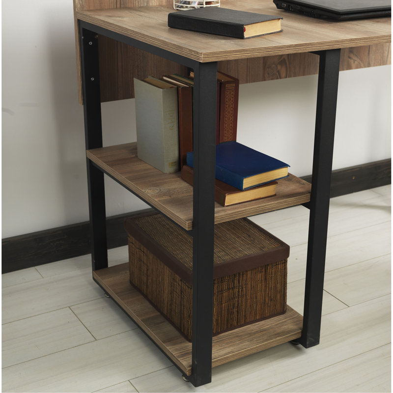 Rasse Black Metal Frame 58" Wooden Top 2 Shelves Writing And Computer Desk For Home Office
