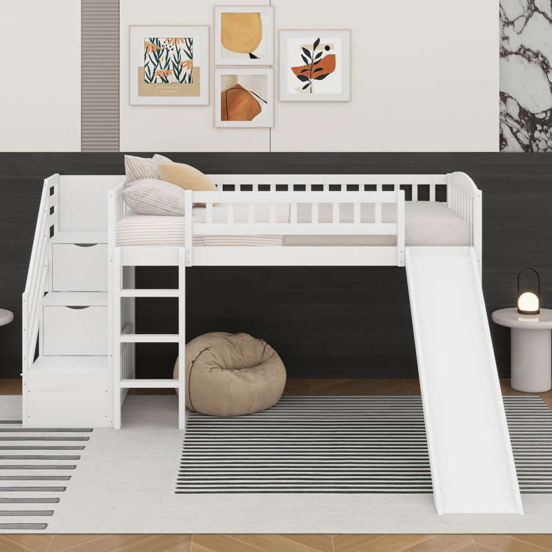 Stairway Twin Size Loft Bed With Slide, White