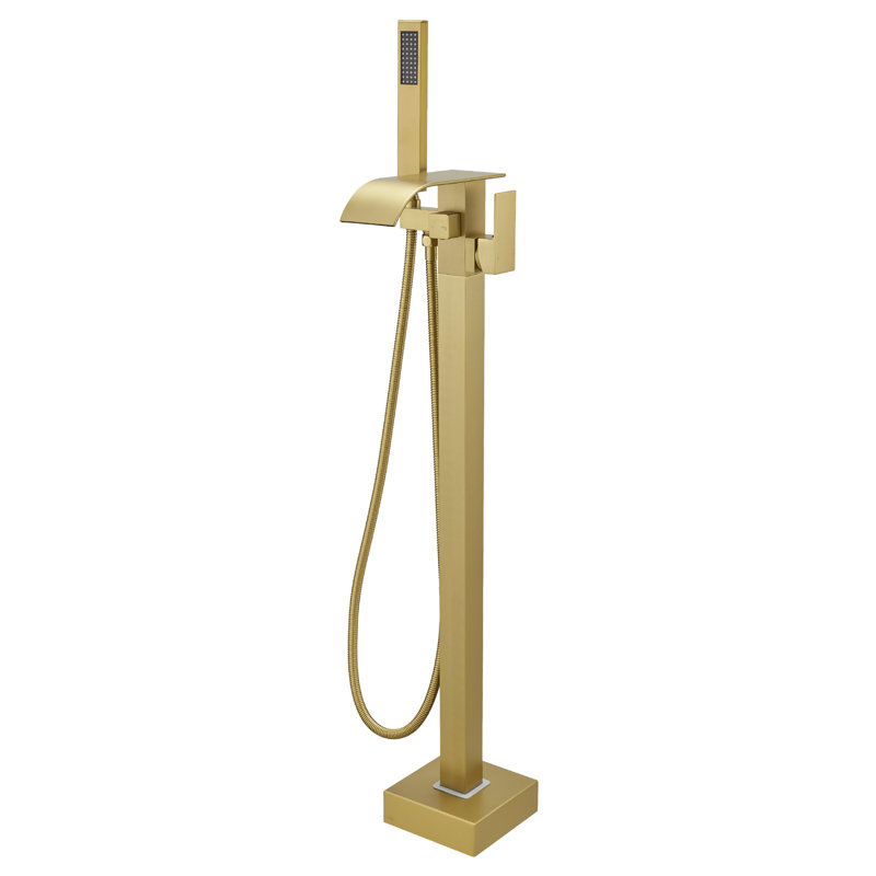 Robinet de baignoire autoportant à poignée simple avec douche à main - Robinet de baignoire à fixation au sol en laiton brossé or