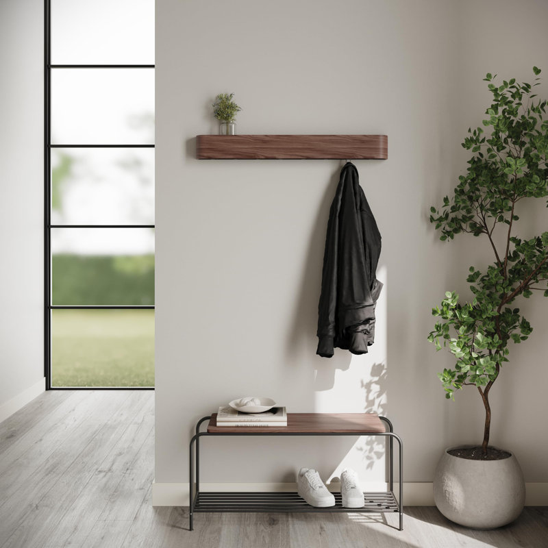 Wall-Mounted Coat Rack  - Modern Design With Hidden Wall Hooks - Solid Wood Veneer Panel Coat Hanger - Walnut, Walnut