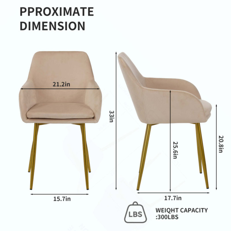 Ensemble de chaises de salle à manger en velours, 2 pièces, chaises avec pieds en métal doré, chaises de salle à manger rembourrées modernes convenant aux salles à manger, aux cuisines et aux tables de coiffeuse (beige)