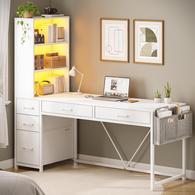 Barbarino Computer Desk With 5 Drawers And Bookshelf Led Lights For Small Spaces, White/White