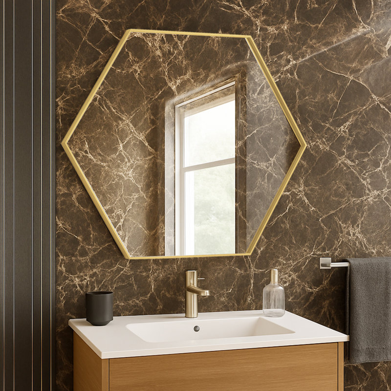 Modern Metal Framed Hexagon Wall Mirror, Gold, 30" x 24"