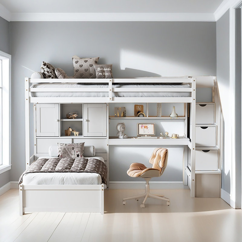 Lit mezzanine simple au-dessus de simple avec bureau intégré et escalier, avec compartiments de rangement et tablettes, Blanc