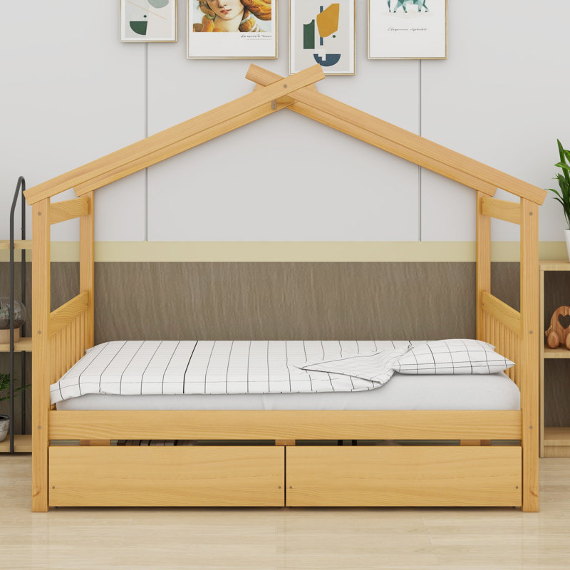 Lit en bois avec tiroirs, Naturel