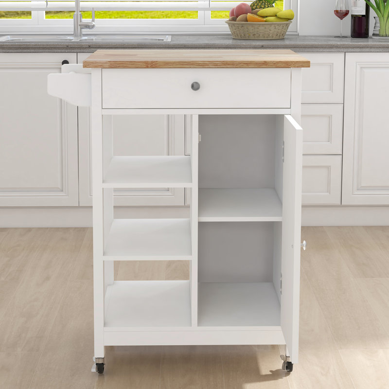 Chariot roulant pour îlot de cuisine avec tiroir et grand comptoir en bois massif