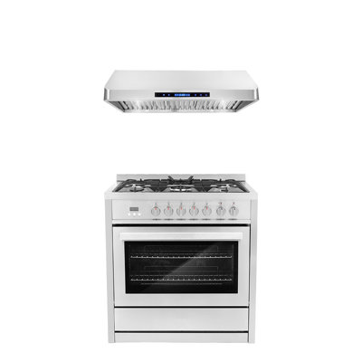 Cosmo 2 Piece Kitchen Appliance Package with 36'' Dual Fuel Freestanding Dual Fuel Under Cabinet Range Hood