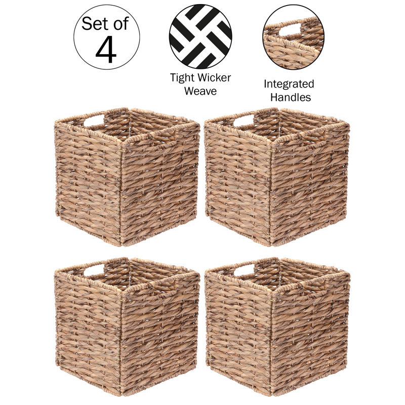 Villacera Wicker Baskets – Set of 4 Square Handmade Woven Water Hyacinth Storage Bins – Closet, Living Room, or Bathroom decor