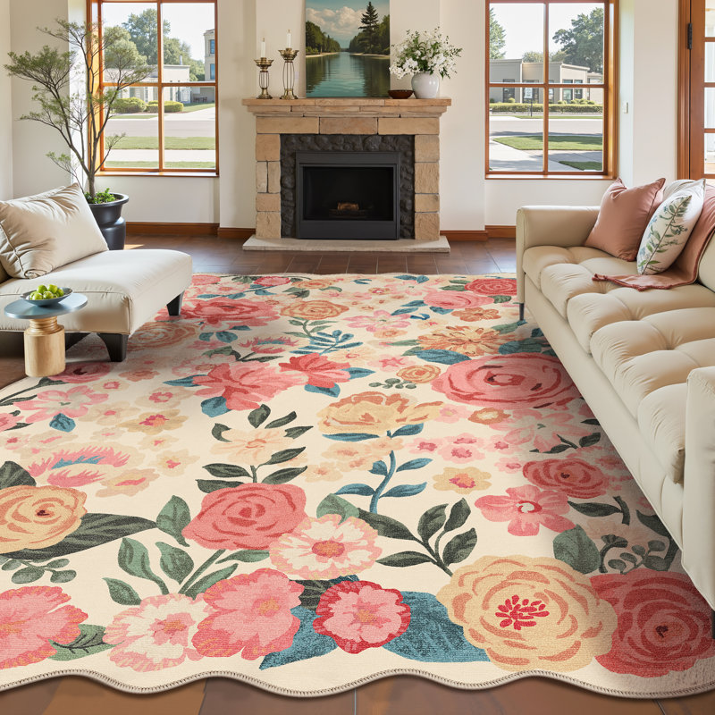 Johy Modern Floral Machine Washable Area Rug with Non-Slip Backing, Rectangle 9' x 12'