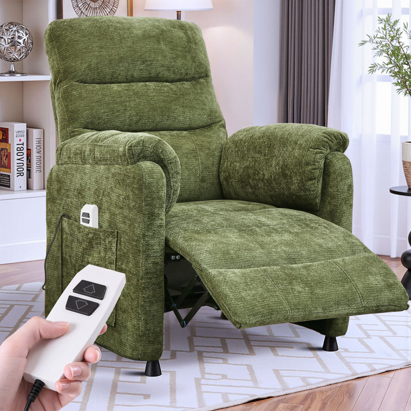 34" Chenille Power Recliner Chair with Side Pockets, Stepless Remote Control, Small Space Electric Recliner, 350 lb Capacity