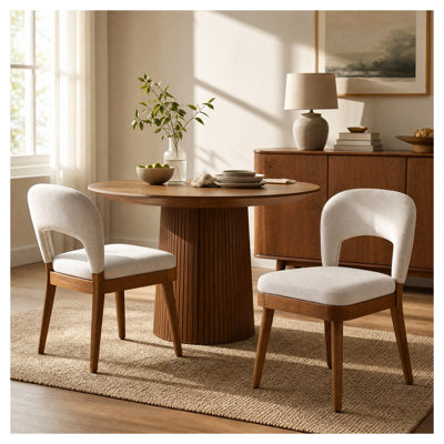 Mid Century Modern Dining Chairs Set of 2, Rubber Wood Frame with Walnut Finish, Beige Fabric Upholstered Hollow Back Side Chairs for Dining Room Kitchen
