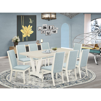 9-Piece Set Contains a Linen White Kitchen Table and 8 Baby Blue Linen Fabric Dining Chairs with High Back - Wire Brushed Linen White.