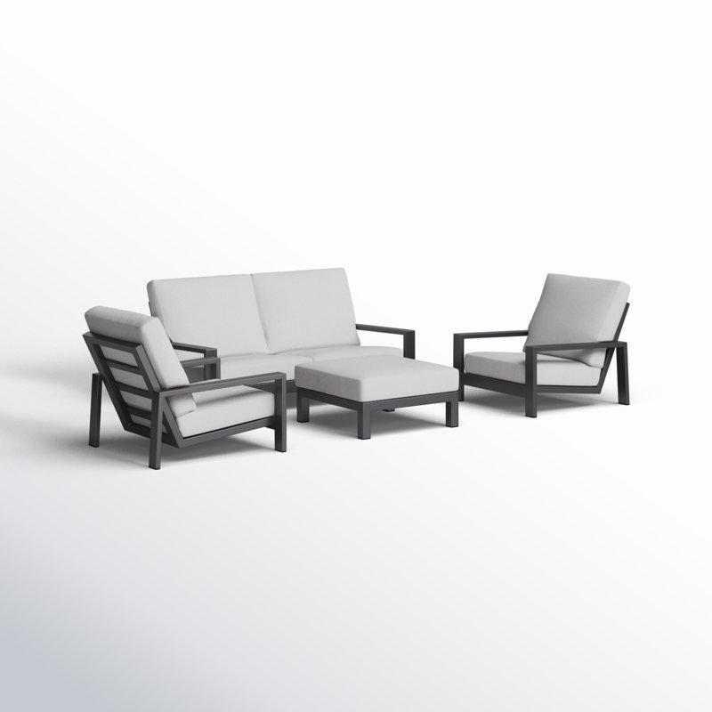Hoyt 4-Piece Aluminum Lounge Outdoor Modern Conversation Sofa Set with Custom Cover, Silver Gray