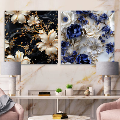 Victorian Opulence Marble Motif I - Ensemble de 2 peintures murales abstraites en acrylique