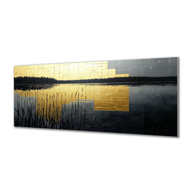 Art mural nature - reproduction de métal abstraite or et noir au coucher du soleil sur le lac