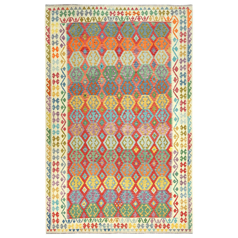 Tapis kilim 10 po x 16 po tissé à la main à motif géométrique, tissé à plat et à motif géométrique, surdimensionné, en laine, tissé à la main, tapis oriental surdimensionné réversible.