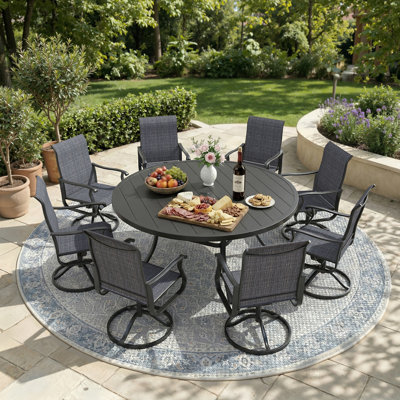 8-Person Round Patio Dining Set With 360° Swivel PVC-Coated Polyester Chairs