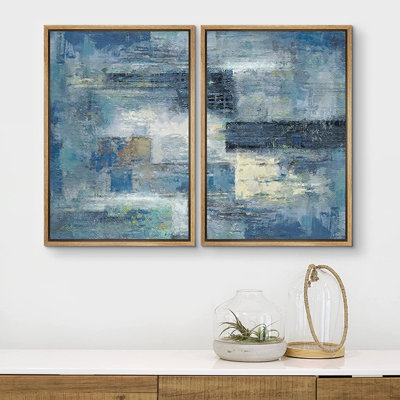 Grunge Abstract Paint Stroke Effect " Navy Blue Stroke Landscape Minimalism " 2 - Pieces