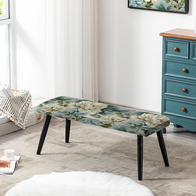Petal Symphony Green Damask Harmony - Damask Upholstered Black Bench