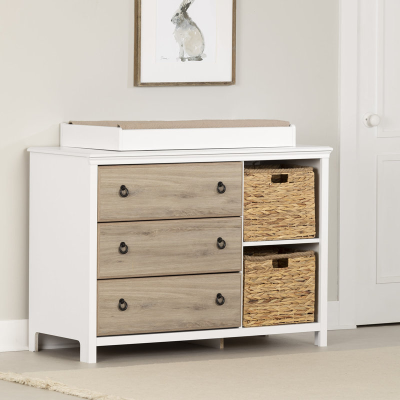 White and Rustic Oak Nursery Dresser with Wicker Baskets