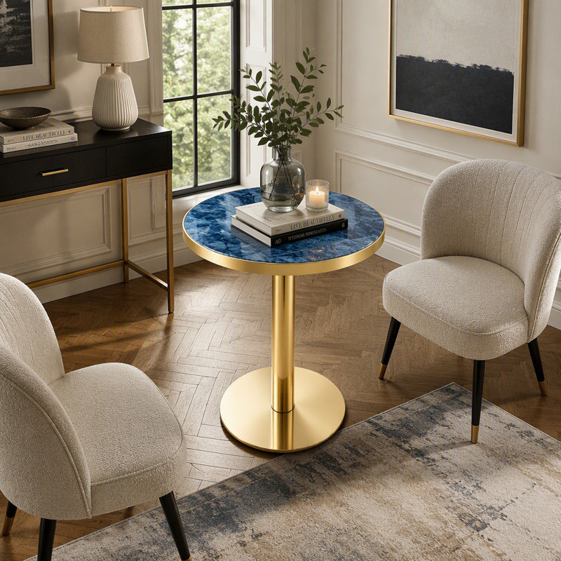 Table de bistro ronde avec plateau en marbre brillant UV et bordure en acier inoxydable doré, Bleu / Doré