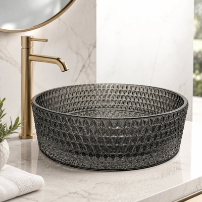 Scotch 14" Light Black Tempered Glass Round Vessel Bathroom Sink with Textured Glass Design - Timeless Collection