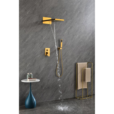 Rectangular Shower Faucet With 3 Handheld And Gold Brass Ornaments Bathroom Assembly Head -
