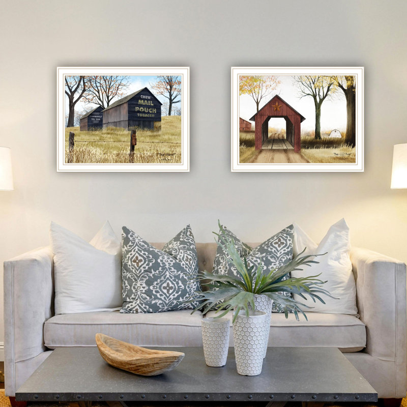 2 œuvres d'art pour la décoration murale: Barn & Buck County Bridge, impressions encadrées en blanc. 18 po x 1 po x 14 po, 5 lb. Fabriqué dans toutes les pièces: décor multicolore