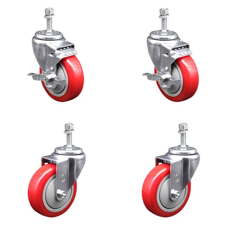 Poly Wheel Swivel 3/4 Inch Threaded Stem Caster Set with Brake