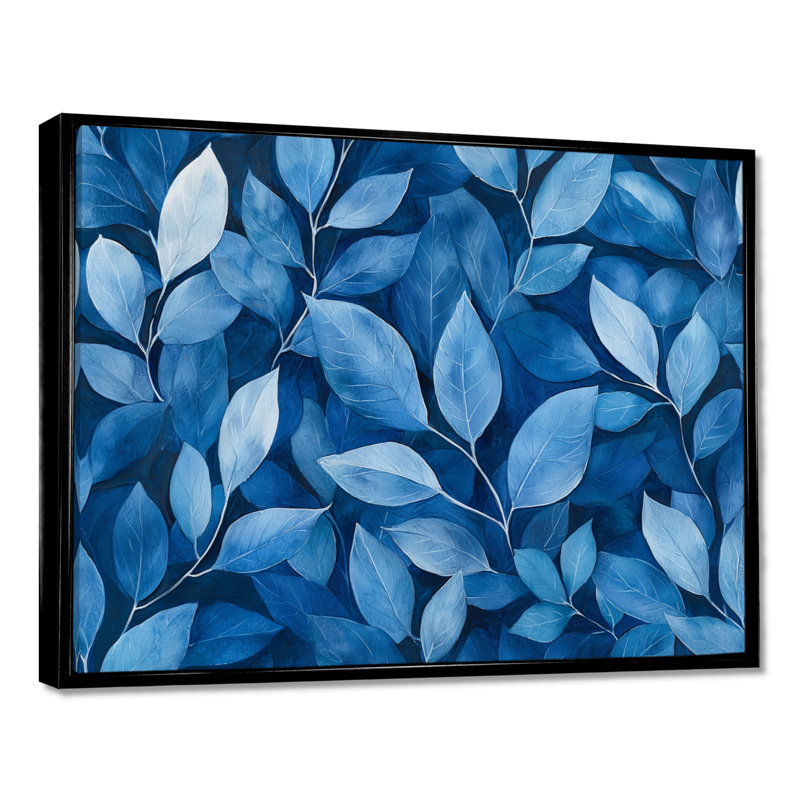 «Indigo Leaves Foliage Collage I», art mural feuilles pour le salon, H 12 po x l 20 po, Impression encadrée flottante